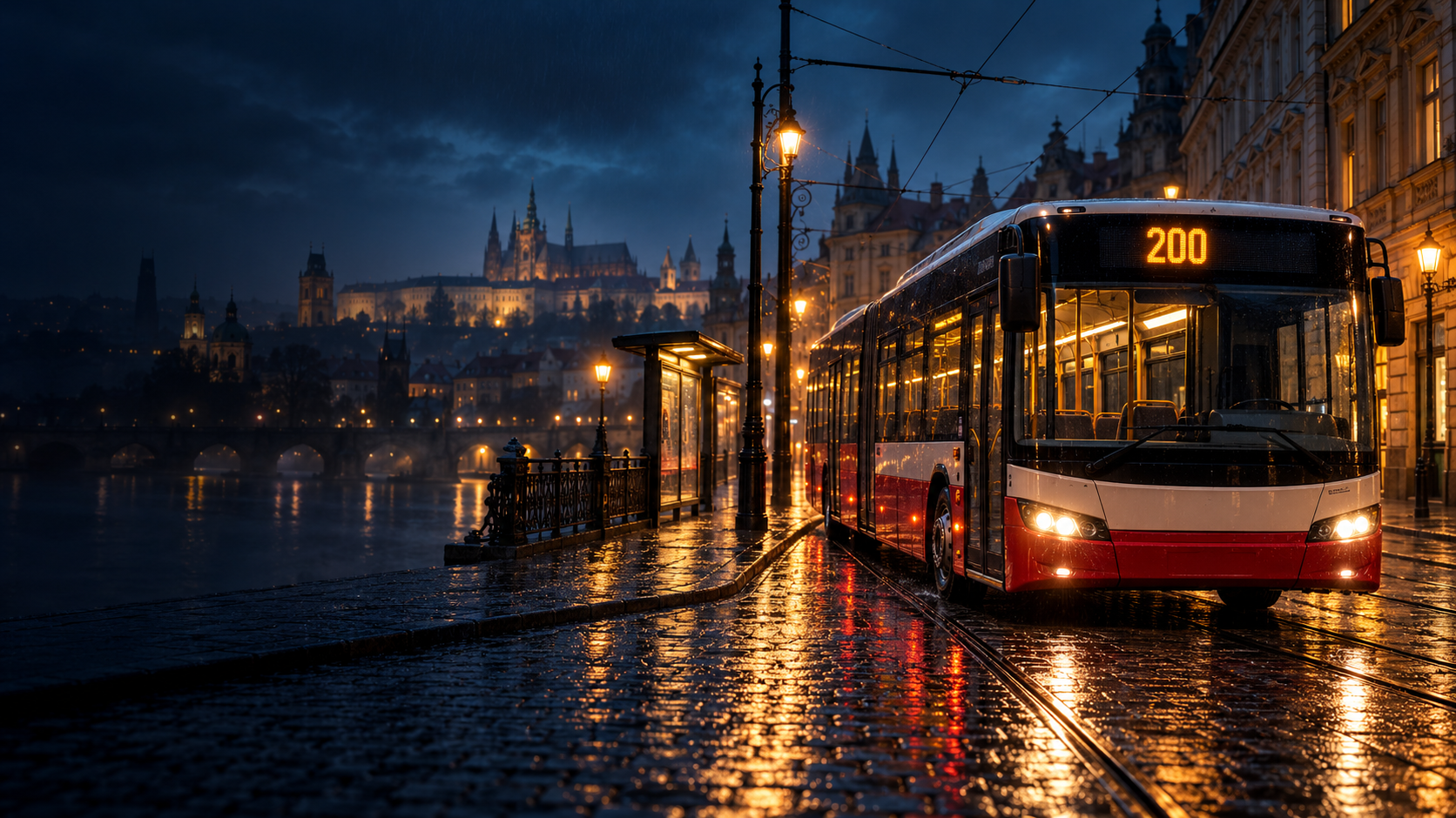Červeno-bílý autobus v nočních ulicích Prahy